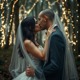 A stunning wedding scene depicting an Italian woman with dark long wavy hair and striking blue eyes, dressed in an exquisite wedding gown, as she tenderly kisses her British fiancé, who sports a shaved head, under a luminous veil