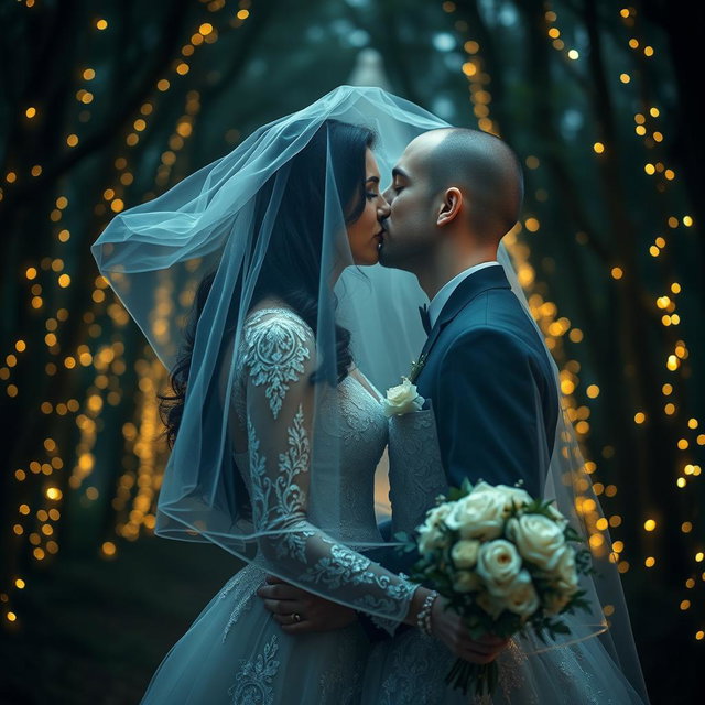 A stunning wedding scene depicting an Italian woman with dark long wavy hair and striking blue eyes, dressed in an exquisite wedding gown, as she tenderly kisses her British fiancé, who sports a shaved head, under a luminous veil