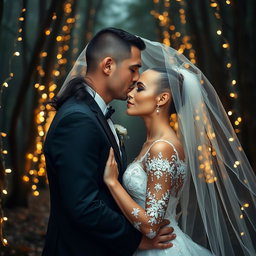 A stunning wedding scene depicting an Italian woman with dark long wavy hair and striking blue eyes, dressed in an exquisite wedding gown, as she tenderly kisses her British fiancé, who sports a shaved head, under a luminous veil