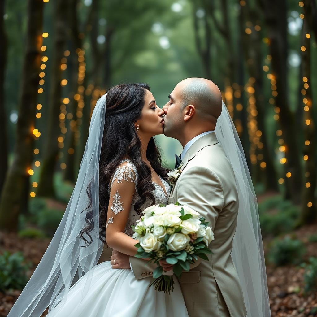 A breathtaking wedding scene featuring an Italian woman with long, dark wavy hair and beautiful blue eyes, elegantly dressed in a flowing wedding gown