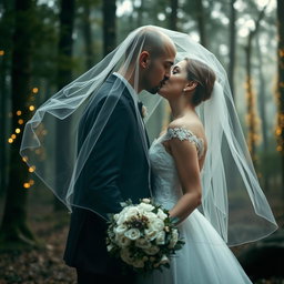 A breathtaking wedding scene featuring an Italian woman with long, dark wavy hair and beautiful blue eyes, elegantly dressed in a flowing wedding gown