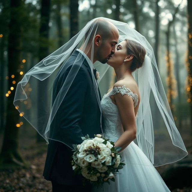 A breathtaking wedding scene featuring an Italian woman with long, dark wavy hair and beautiful blue eyes, elegantly dressed in a flowing wedding gown