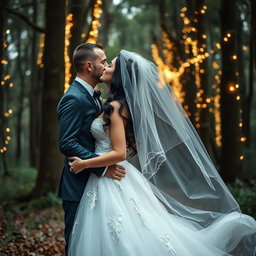 A breathtaking wedding scene featuring an Italian woman with long, dark wavy hair and beautiful blue eyes, elegantly dressed in a flowing wedding gown