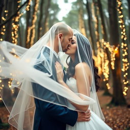 A breathtaking wedding scene featuring an Italian woman with long, dark wavy hair and beautiful blue eyes, elegantly dressed in a flowing wedding gown