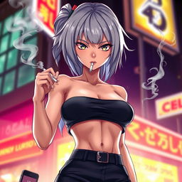 A stunning and dominant anime girl with striking grey hair, wearing a stylish crop top that dramatically showcases her very large, exaggerated chest, significantly larger than before