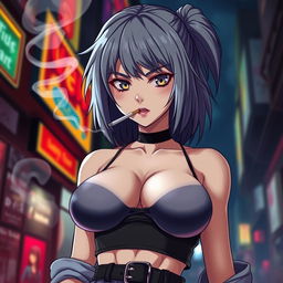 A stunning and dominant anime girl with striking grey hair, wearing a stylish crop top that dramatically showcases her very large, exaggerated chest, significantly larger than before