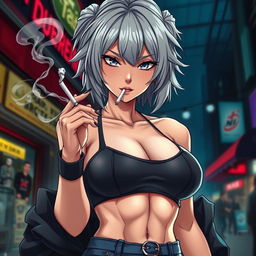 A stunning and dominant anime girl with striking grey hair, wearing a stylish crop top that dramatically showcases her very large, exaggerated chest, significantly larger than before