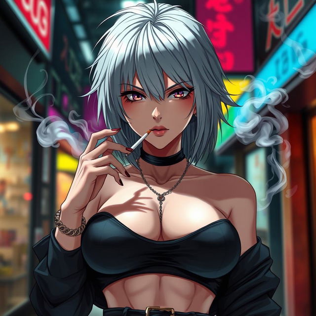 A stunning and dominant anime girl with striking grey hair, wearing a stylish crop top that dramatically showcases her very large, exaggerated chest, significantly larger than before