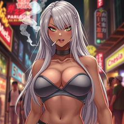 A striking and dominant anime girl with long white hair, wearing a stylish crop top that dramatically highlights her very large and voluptuous chest