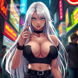 A striking and dominant anime girl with long white hair, wearing a stylish crop top that dramatically highlights her very large and voluptuous chest