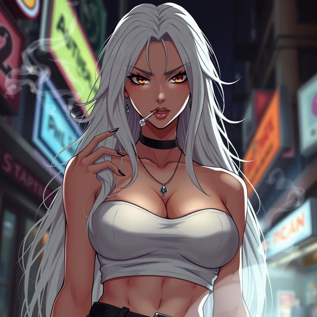 A striking and dominant anime girl with long white hair, wearing a stylish crop top that dramatically highlights her very large and voluptuous chest