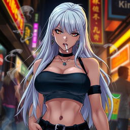 A striking and dominant anime girl with long white hair, wearing a stylish crop top that dramatically highlights her very large and voluptuous chest