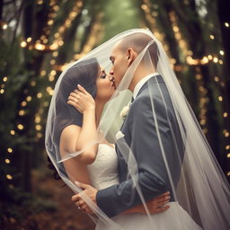 A romantic wedding scene showcasing an Italian woman with dark long wavy hair and blue eyes, wearing an elegant wedding gown, as she shares a kiss with her British fiancé who has a shaved head, both positioned under a delicate veil