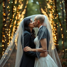A romantic wedding scene showcasing an Italian woman with dark long wavy hair and blue eyes, wearing an elegant wedding gown, as she shares a kiss with her British fiancé who has a shaved head, both positioned under a delicate veil