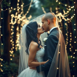 A romantic wedding scene showcasing an Italian woman with dark long wavy hair and blue eyes, wearing an elegant wedding gown, as she shares a kiss with her British fiancé who has a shaved head, both positioned under a delicate veil