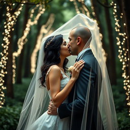 A romantic wedding scene showcasing an Italian woman with dark long wavy hair and blue eyes, wearing an elegant wedding gown, as she shares a kiss with her British fiancé who has a shaved head, both positioned under a delicate veil