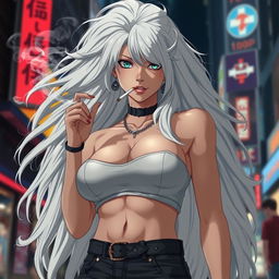 An imposing and striking anime girl with voluminous long white hair, clad in a trendy crop top that highlights her extremely large and voluptuous chest