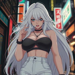 An imposing and striking anime girl with voluminous long white hair, clad in a trendy crop top that highlights her extremely large and voluptuous chest
