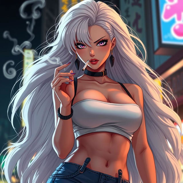 An imposing and striking anime girl with voluminous long white hair, clad in a trendy crop top that highlights her extremely large and voluptuous chest