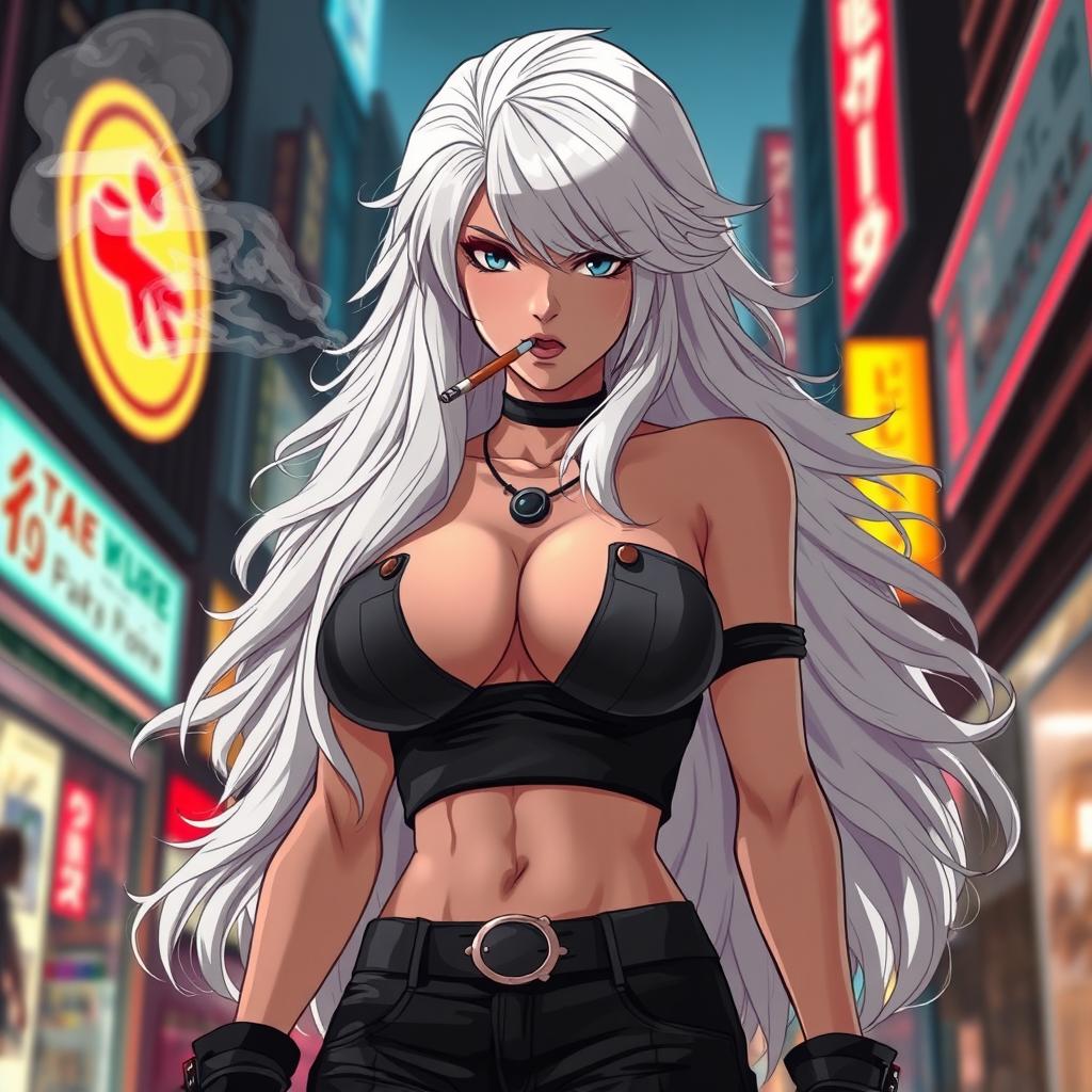 An imposing and striking anime girl with voluminous long white hair, clad in a trendy crop top that highlights her extremely large and voluptuous chest