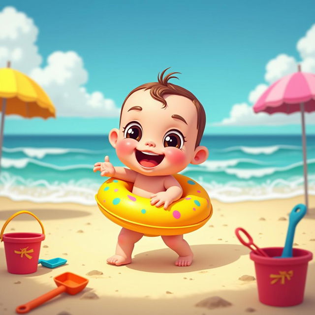 A humorous, cartoonish scene at a sunny beach with colorful umbrellas and playful waves