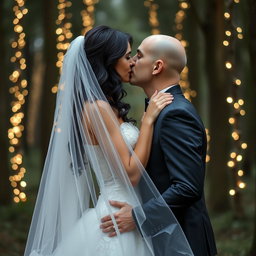 A beautiful wedding scene featuring an Italian woman with long dark wavy hair and captivating blue eyes, dressed in a stunning wedding gown, sharing a kiss with her British fiancé, who has a shaved head, underneath a delicate veil