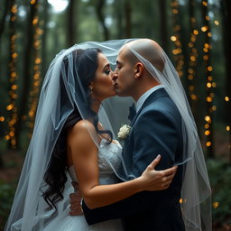 A beautiful wedding scene featuring an Italian woman with long dark wavy hair and captivating blue eyes, dressed in a stunning wedding gown, sharing a kiss with her British fiancé, who has a shaved head, underneath a delicate veil