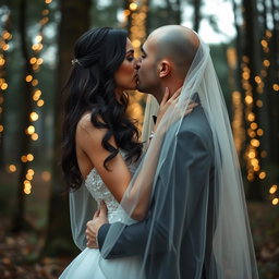 A beautiful wedding scene featuring an Italian woman with long dark wavy hair and captivating blue eyes, dressed in a stunning wedding gown, sharing a kiss with her British fiancé, who has a shaved head, underneath a delicate veil