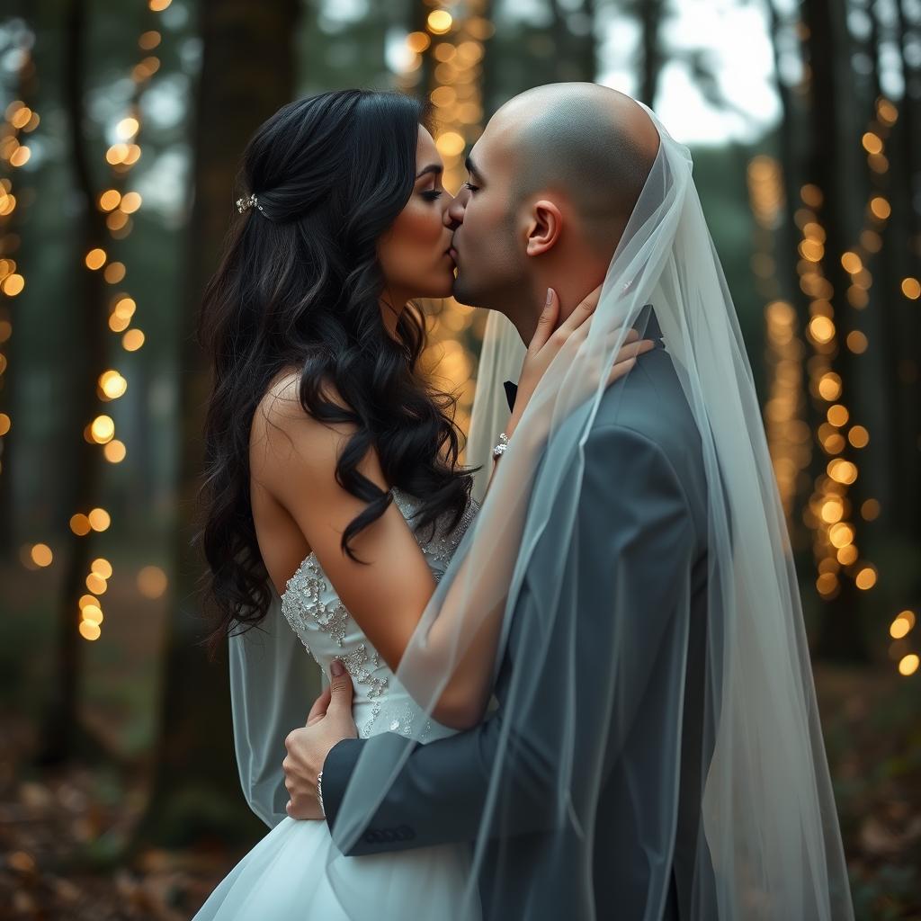 A beautiful wedding scene featuring an Italian woman with long dark wavy hair and captivating blue eyes, dressed in a stunning wedding gown, sharing a kiss with her British fiancé, who has a shaved head, underneath a delicate veil