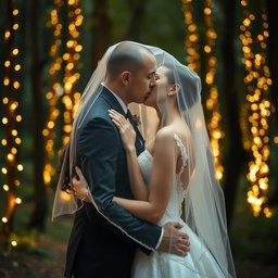 A beautiful wedding scene featuring an Italian woman with long dark wavy hair and captivating blue eyes, dressed in a stunning wedding gown, sharing a kiss with her British fiancé, who has a shaved head, underneath a delicate veil