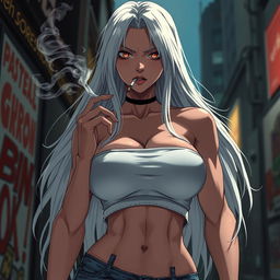 An imposing and powerful anime girl with long, flowing white hair, dressed in a striking crop top that accentuates her extremely exaggerated, brutal breasts