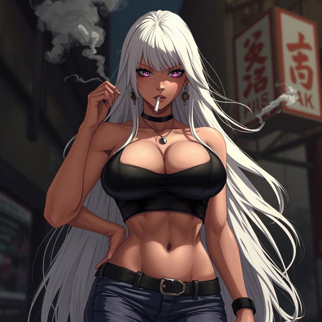 An imposing and powerful anime girl with long, flowing white hair, dressed in a striking crop top that accentuates her extremely exaggerated, brutal breasts