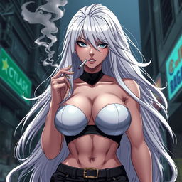 An imposing and powerful anime girl with long, flowing white hair, dressed in a striking crop top that accentuates her extremely exaggerated, brutal breasts