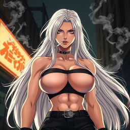 An imposing and powerful anime girl with long, flowing white hair, dressed in a striking crop top that accentuates her extremely exaggerated, brutal breasts