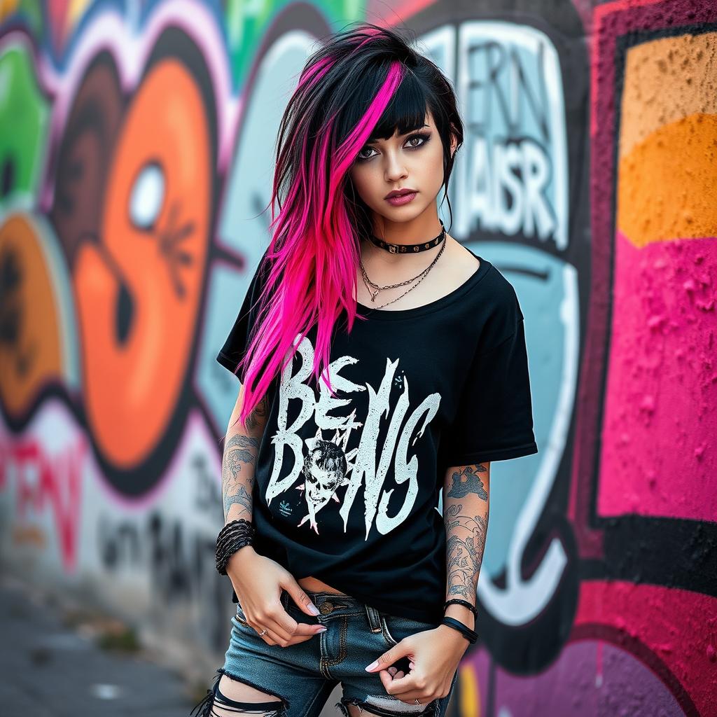 An emo girl with striking black hair featuring vibrant pink strands, wearing a stylish black band tee and ripped jeans