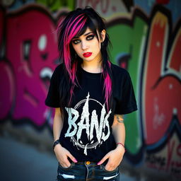 An emo girl with striking black hair featuring vibrant pink strands, wearing a stylish black band tee and ripped jeans
