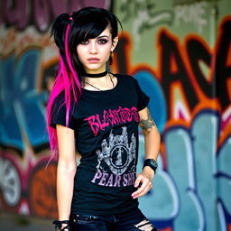 An emo girl with striking black hair featuring vibrant pink strands, wearing a stylish black band tee and ripped jeans