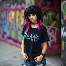 An emo girl with striking black hair featuring vibrant pink strands, wearing a stylish black band tee and ripped jeans