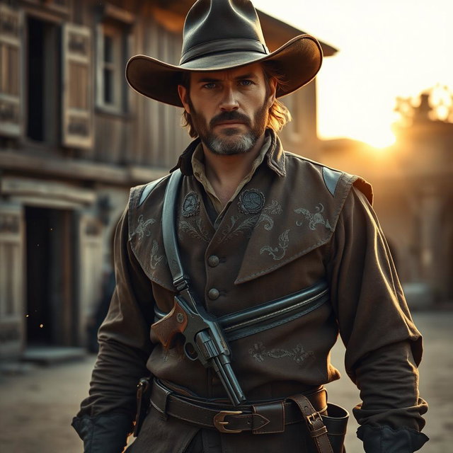 A rugged medieval gunslinger standing confidently in a dusty town square