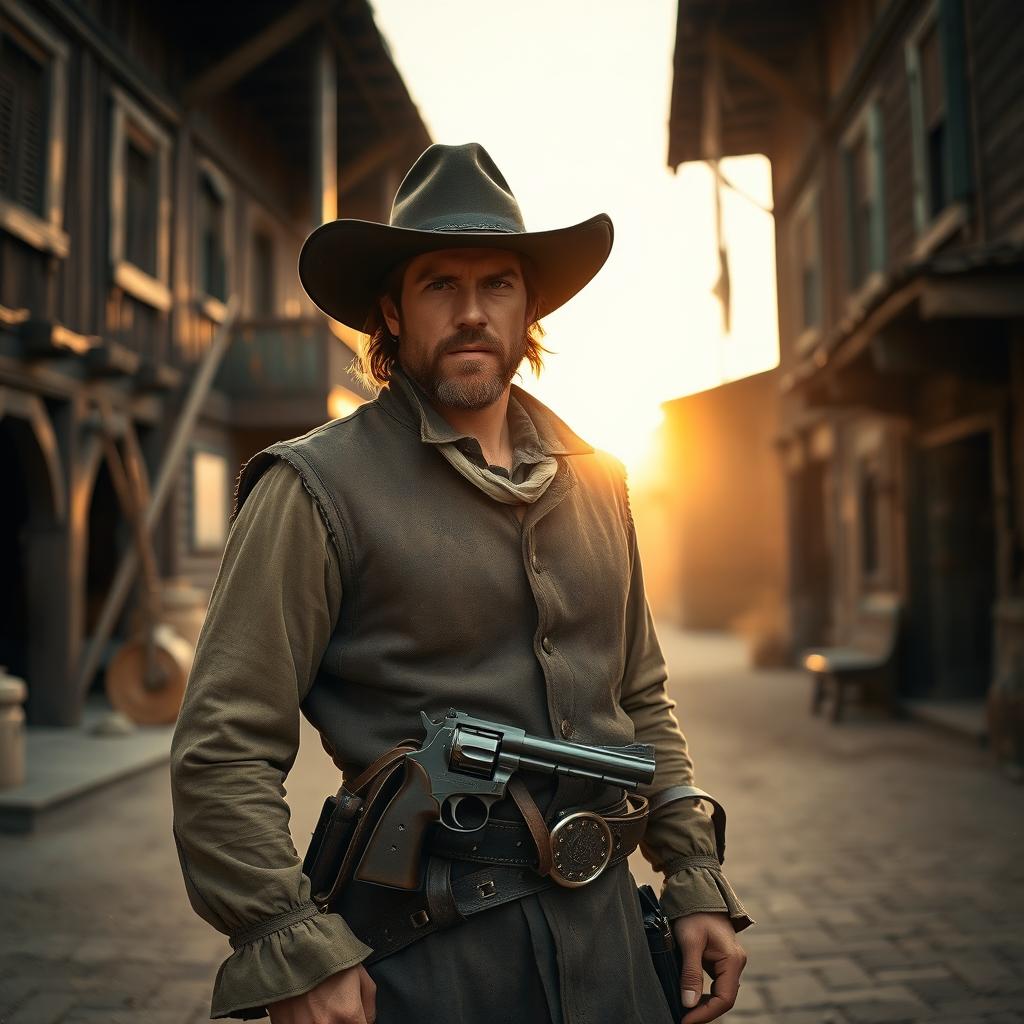 A rugged medieval gunslinger standing confidently in a dusty town square