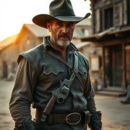 A rugged medieval gunslinger standing confidently in a dusty town square