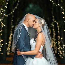 A romantic wedding scene depicting an Italian woman with long dark wavy hair and striking blue eyes, dressed in a beautiful wedding gown