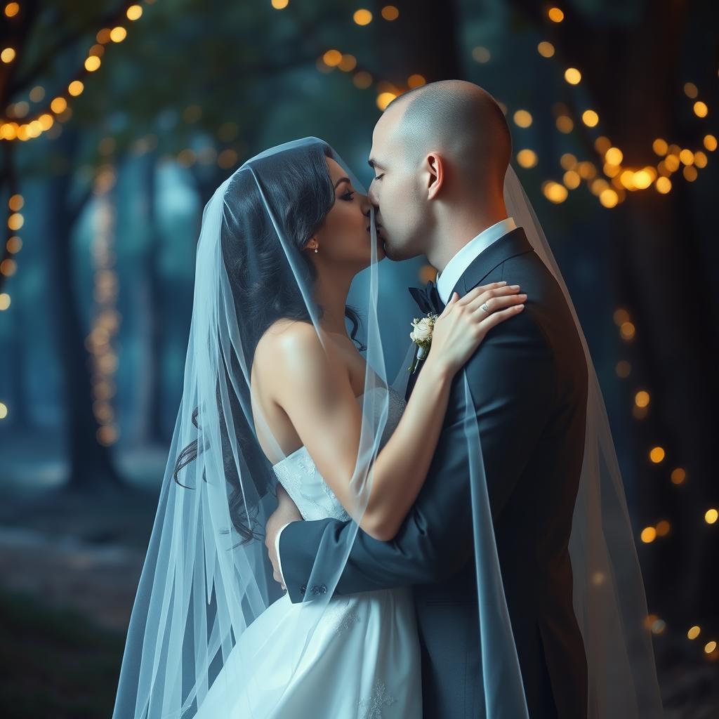 A romantic wedding scene depicting an Italian woman with long dark wavy hair and striking blue eyes, dressed in a beautiful wedding gown