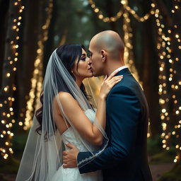 A romantic wedding scene depicting an Italian woman with long dark wavy hair and striking blue eyes, dressed in a beautiful wedding gown