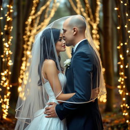 A romantic wedding scene depicting an Italian woman with long dark wavy hair and striking blue eyes, dressed in a beautiful wedding gown