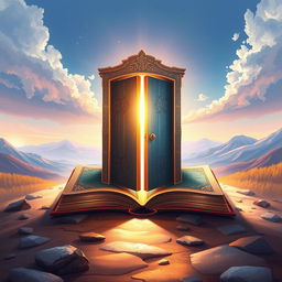 A captivating book cover illustration featuring an open door on the ground, intricately designed to resemble an ancient book