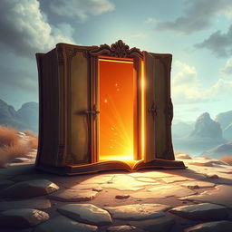 A captivating book cover illustration featuring an open door on the ground, intricately designed to resemble an ancient book