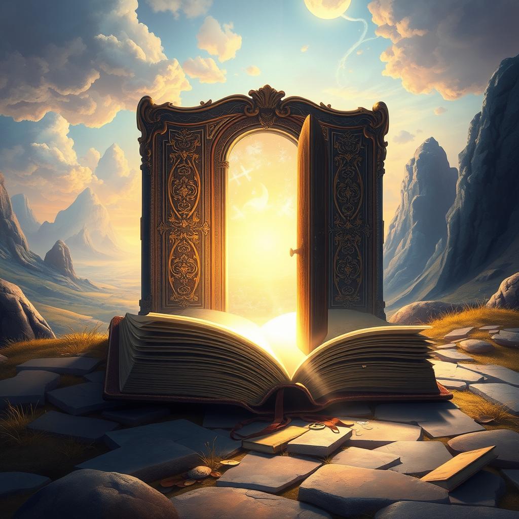 A captivating book cover illustration featuring an open door on the ground, intricately designed to resemble an ancient book