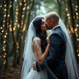 A dreamy wedding scene featuring an Italian woman with long dark wavy hair and captivating blue eyes, dressed in a stunning wedding gown