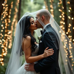 A dreamy wedding scene featuring an Italian woman with long dark wavy hair and captivating blue eyes, dressed in a stunning wedding gown